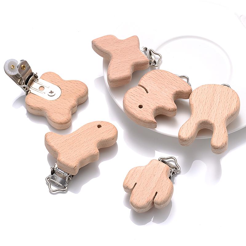 5Pcs/Lot 9 Style Fish Rabbit Butterfly Shape Beech Wooden Clips Metal Bracket for Baby Pacifier Clips Chain Holder Accessories