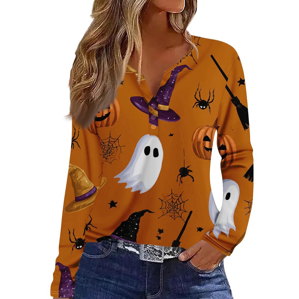 Women's Casual Long Sleeve V-Neck Halloween Print T-Shirt with Decorative Buttons