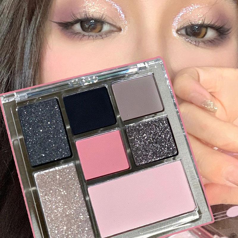 1 Stück rosa schwarze Farbe schimmernde Lidschatten-Palette Glitzer-Pailletten glänzende Lidschatten-Augenpigmente Millennial-Stil Mädchen-Make-up-Palette WBL