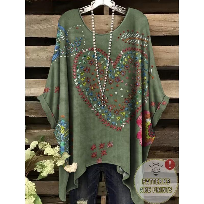 Damen T-Shirts Regenbogen gestreift Herzmuster Rundhals-Tees Vintage Asymmetrischer Saum Rundhals-Oberteile Vielseitige Lockere Damenbekleidung