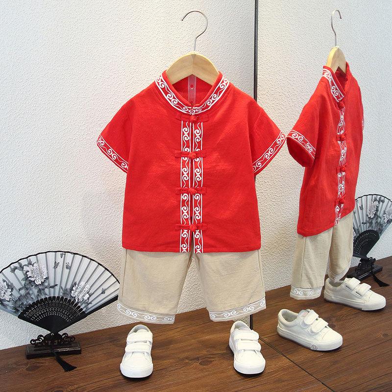 Completo Estivo da Ragazzo a Maniche Corte Stile Cinese per Bambini Hanbok Bello Completo Tang Cotone Lino Sezione Sottile di Abbigliamento Antico