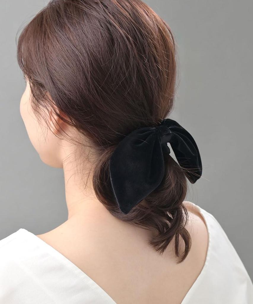 VINGTAINE Velvet Ribbon Scrunchie Hair Women's Tie, 2-Way, Detachable, Elegant, H7930-BLACK