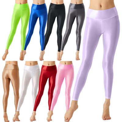 Dam Leggings Enfärgad Glansiga Stretchiga Athletic Byxor Yoga Träning Träning Dans Tights Byxor