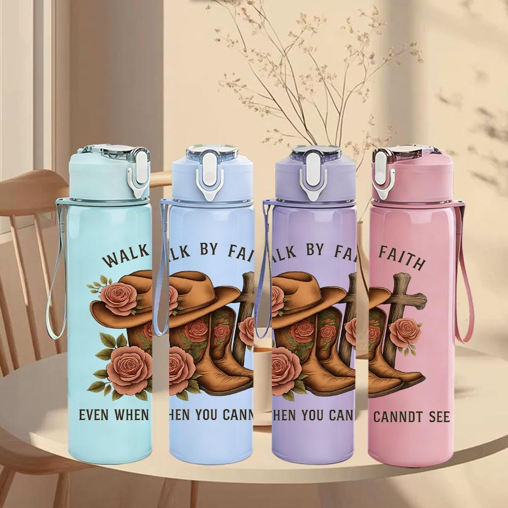 1PC Walk By Faith Cowboy Hat Rose 750ml Color Plastic Sports Water Bottle Leakproof Flip Straw Lid Suitable for Sports Office Home Use