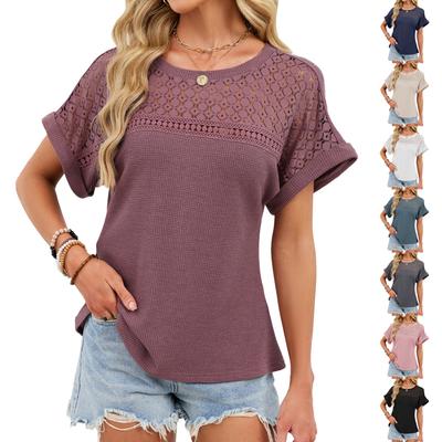 Damenmode Einfarbig Rundhals Spitze Spitze Locker Kurzarm T-Shirt Top