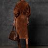 Women's Brown Long Sleeve Dress with Lapel Collar Front Zipper Drawstring Waist and Side Slit