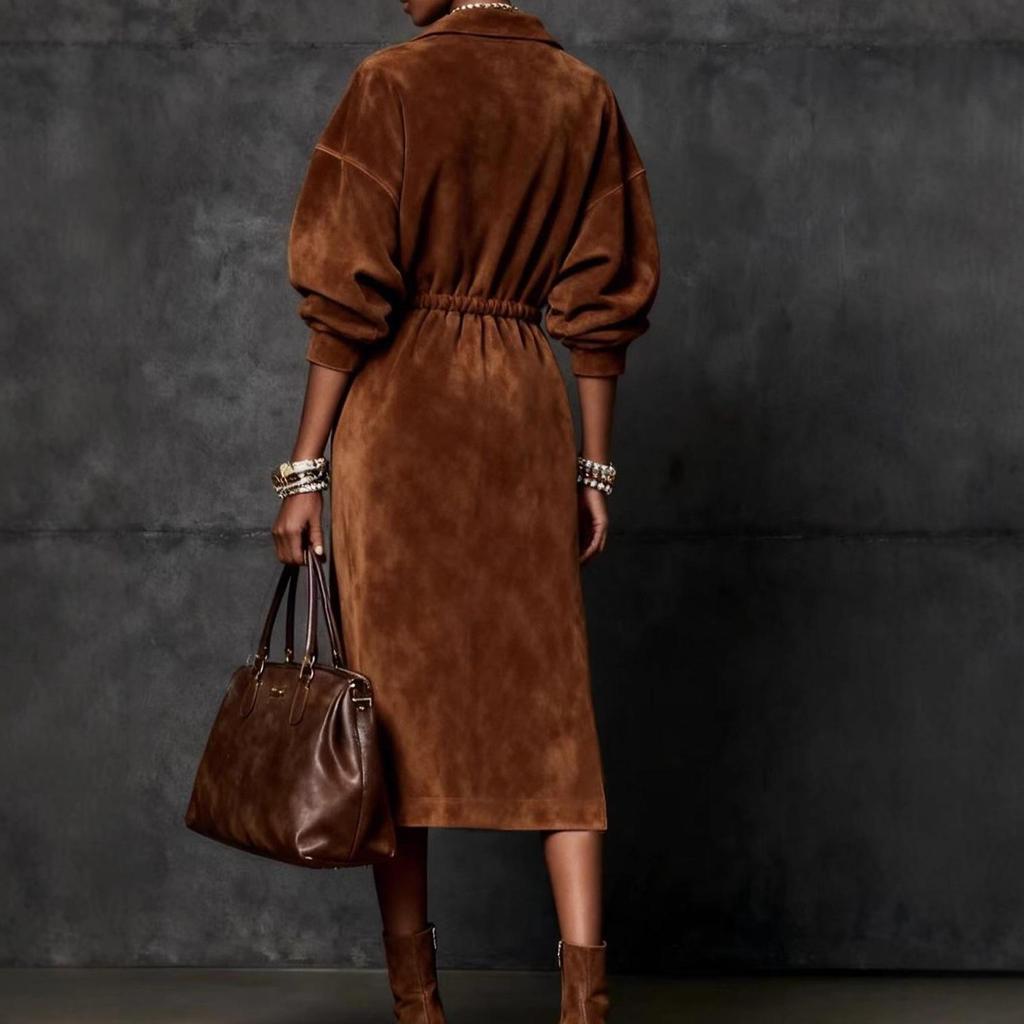 Women's Brown Long Sleeve Dress with Lapel Collar Front Zipper Drawstring Waist and Side Slit