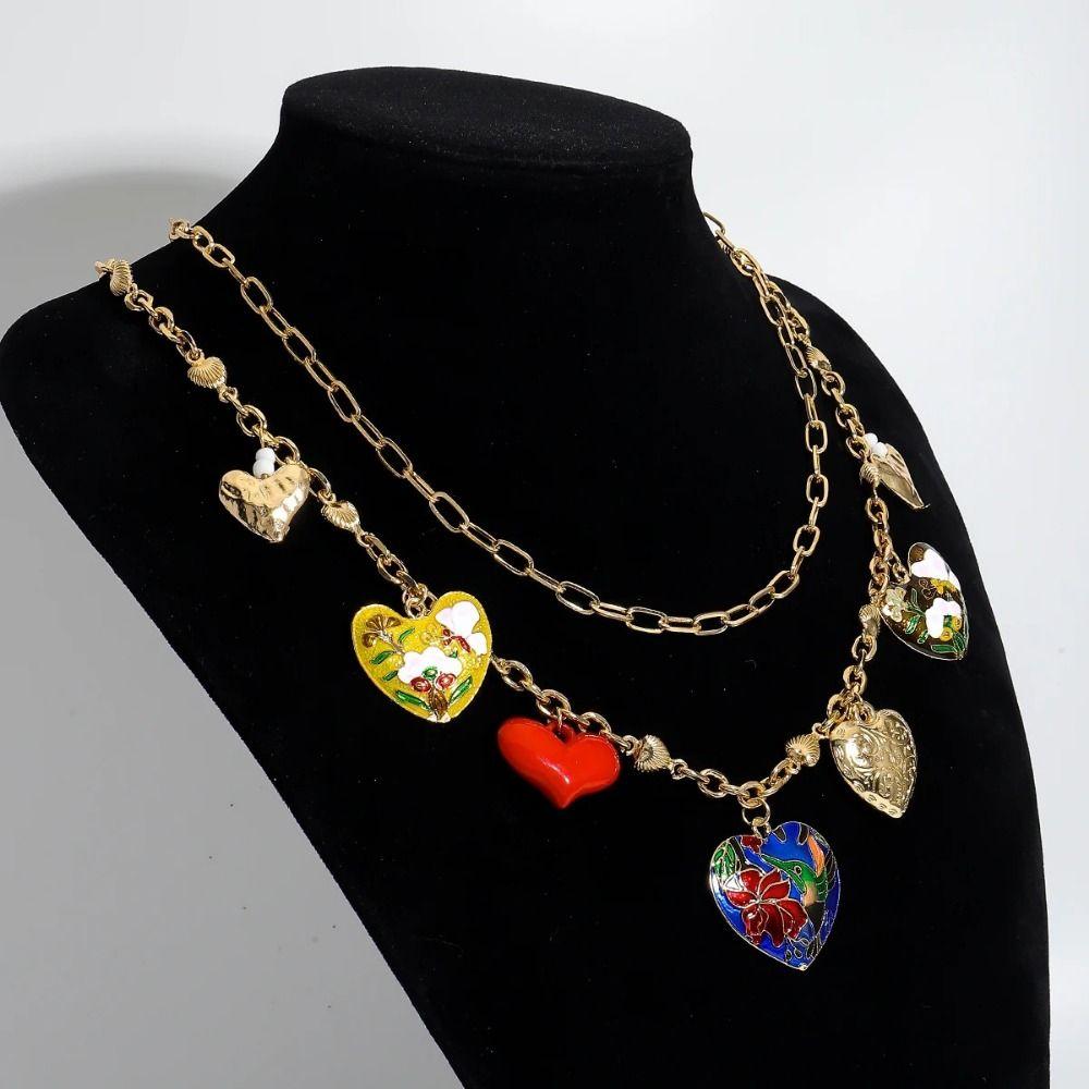 Flower Big Heart Pendant Necklace Dripping Oil Clavicle Chain Trendy Double Layer Necklace  Women