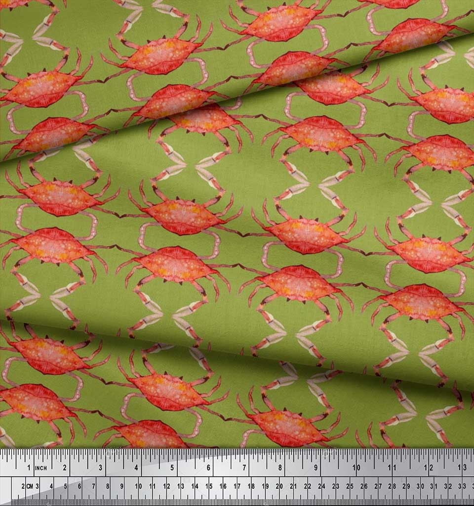 Soimoi Beige Japan Crepe Satin Fabric Crabs Ocean Print Fabric by the metre 42 Inch