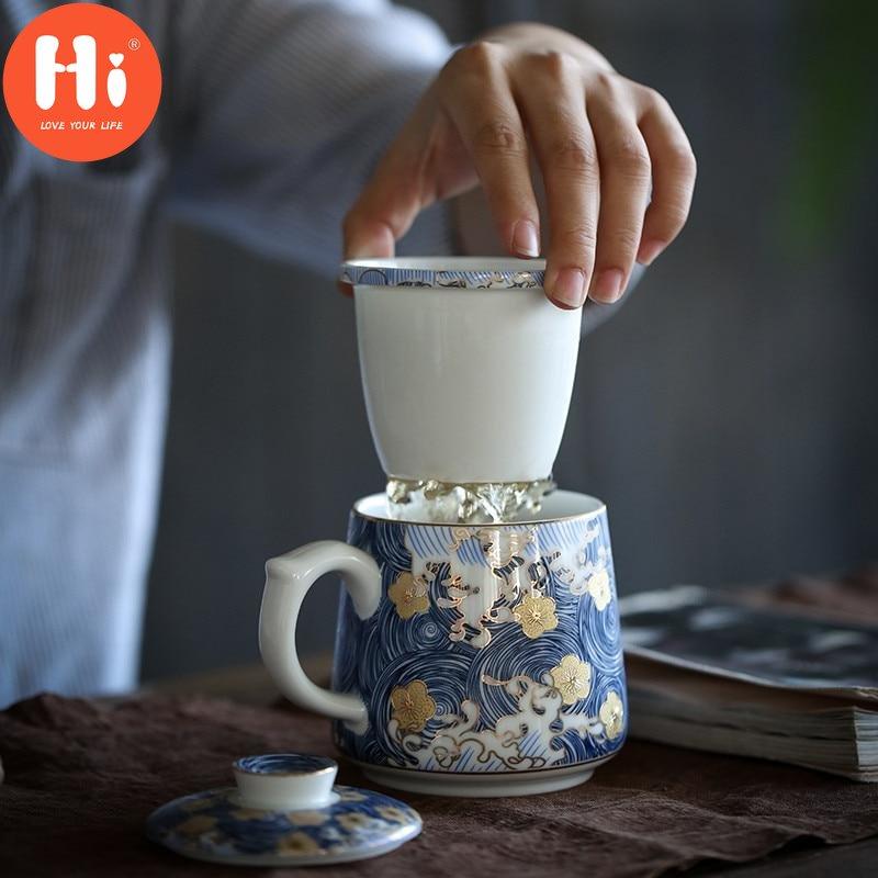 Hi kreativní smaltované barevné hrnky na kávu ručně vyráběné keramické šálky na čaj z porcelánu s vysoce kvalitním čajovým šálkem s víkem a filtrem pro čajový obřad