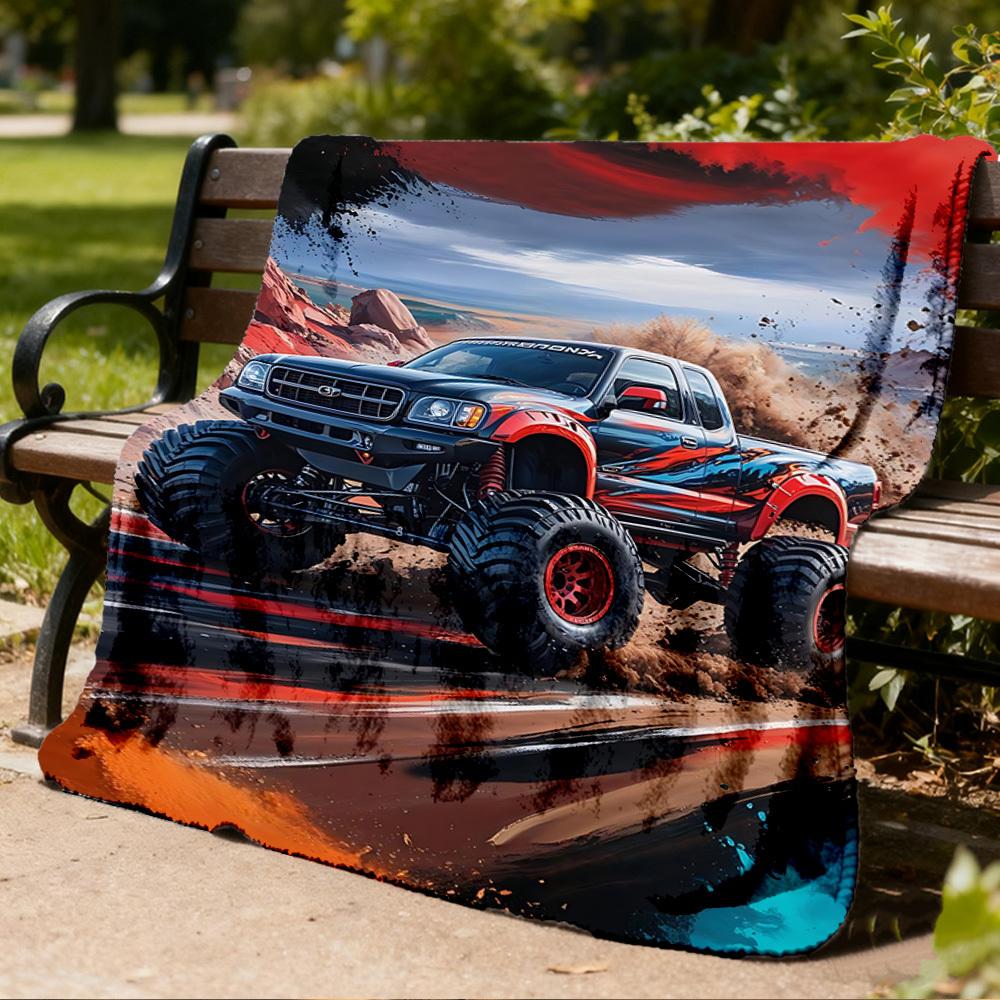 1pc Monster Truck Adventure Outdoor Flannel Blanket Soft All Season Polyester Throw , Perfect for Picnics & Travel , Picnic Accessory