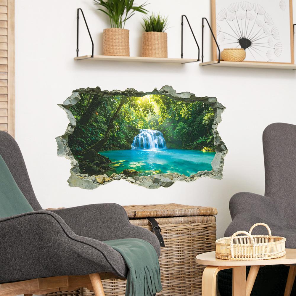 Simulation of 3D Wall-breaking Forest Waterfall Bathroom Toilet Home Decoration Beautification Wall Stickers