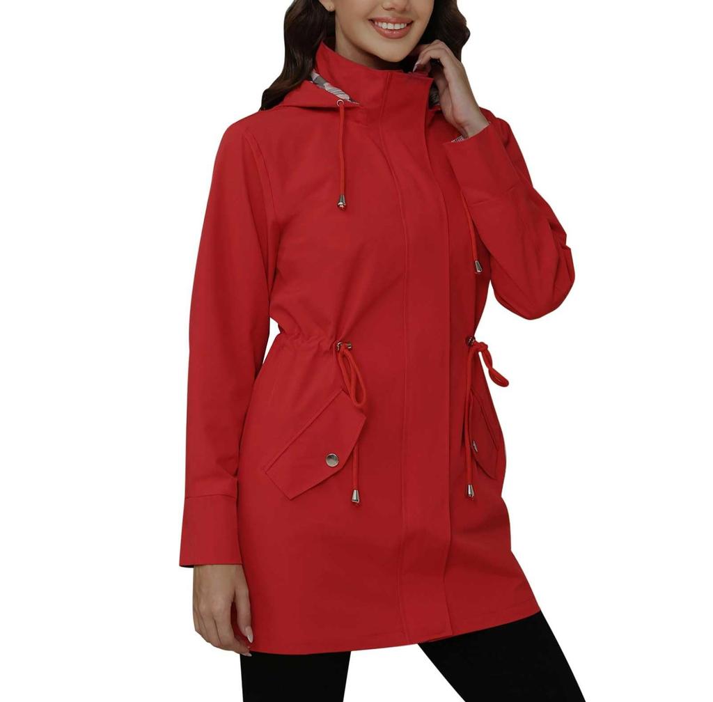 Women Solid Stripe Rain Jacket Outdoor Plus Waterproof Hooded Raincoat Windproof