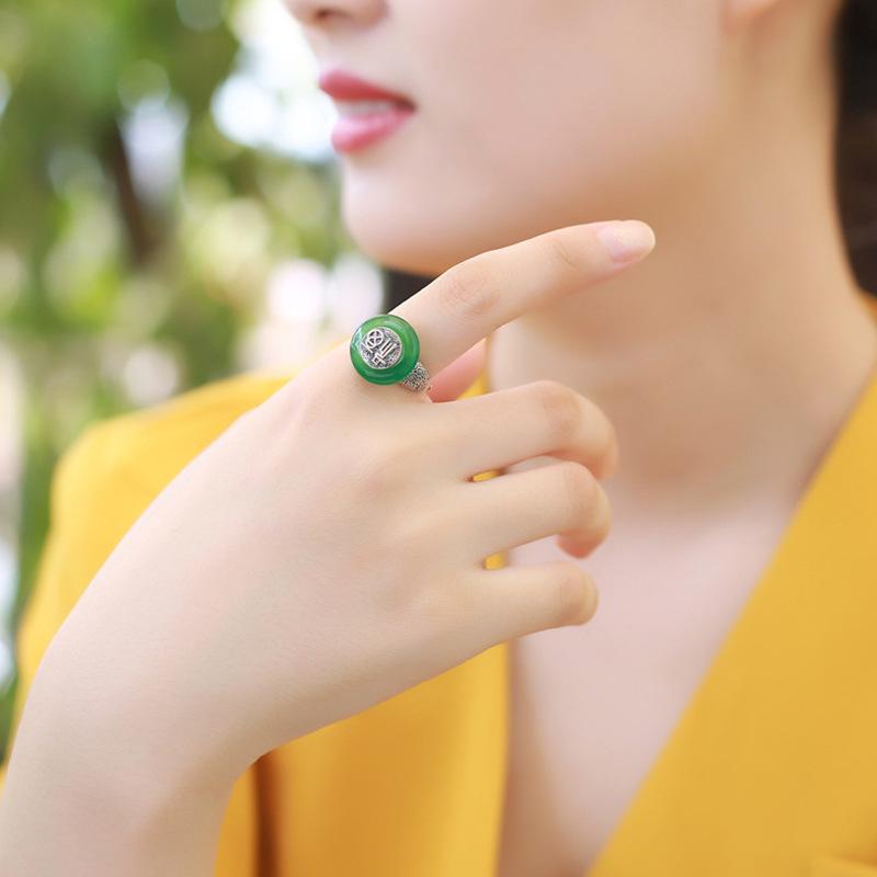 Retro Gilt Openwork Ruyi Ring: Natural Imitation Hetian Jade Peace Buckle with Auspicious Fu Character and Cloud Design for Women
