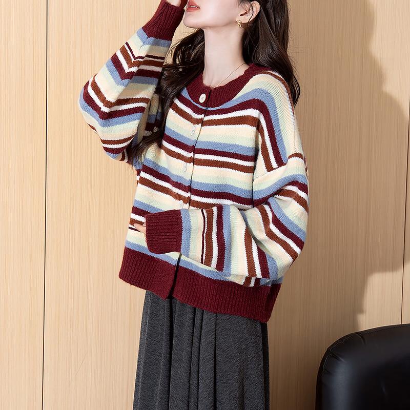 TonLion Damen Retro Gestreifter Rundhals Cardigan