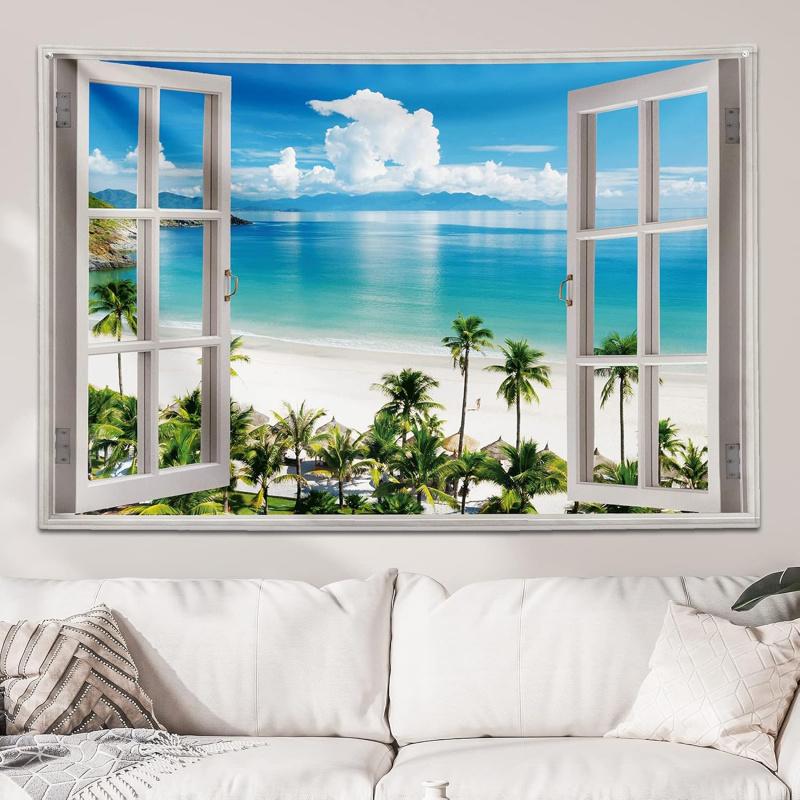 VIKAMA Tropical Ocean Beach Tapestry Coconut Tree Coast Wall Hanging Natural Island Style Window Decor Perfect for Living Rooms