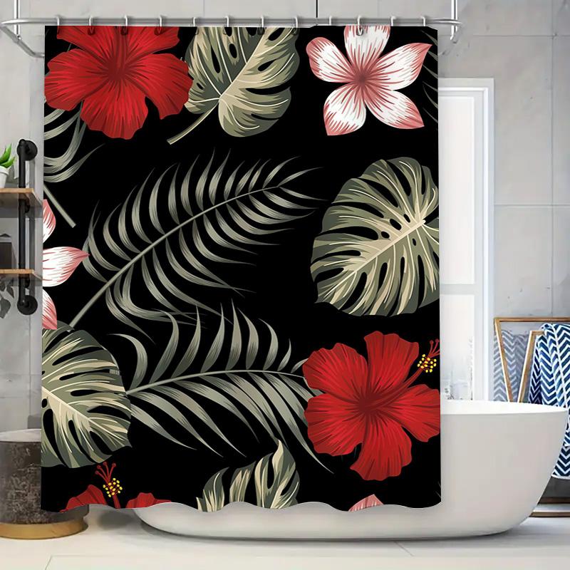 

High-quality shower curtains featuring a tropical hibiscus pattern with black background in red, green, white, pink colors for h 90x180cm