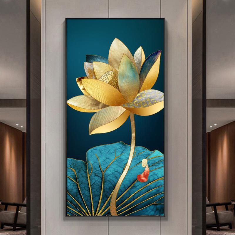Abstract Flower Picture Canvas Painting New Chinese Golden Luxury Lotus Posters and Prints Wall Picture for Porch Home Decor