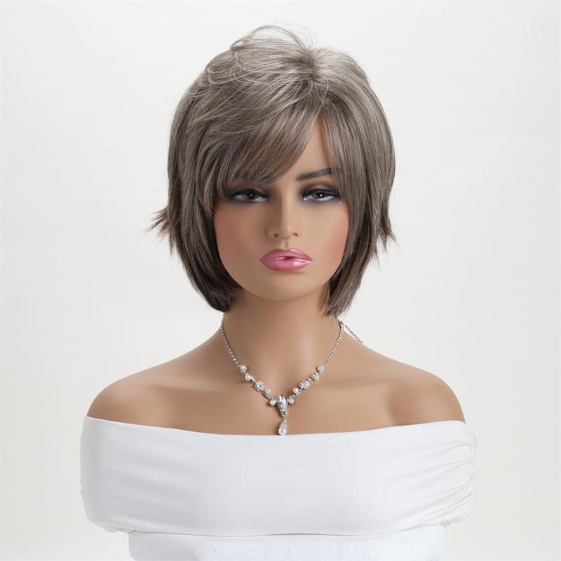 Perucă sintetică blondă mixtă maro pentru femei, perucă naturală scurtă creță cu breton, perucă de bătrână, păr fals de mamă pentru uz zilnic, cosplay