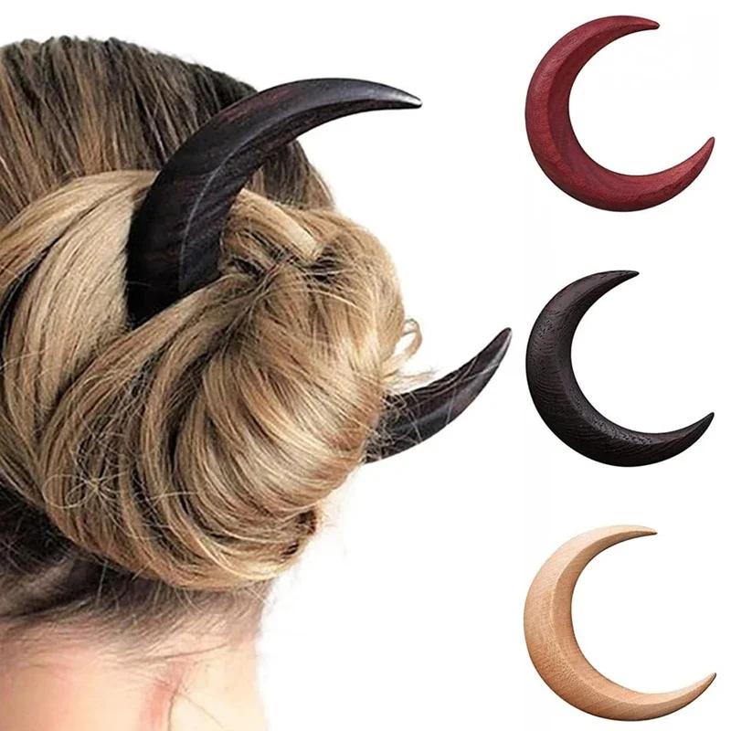 Wooden Moon Handmade Hair Stick Hairpin Hair Fork Clip Comb Ladies Crescent-shaped Personality Thick Hair Clip Styling Tools