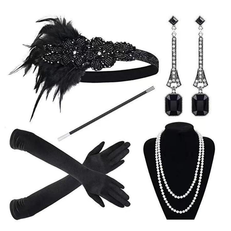 

1980s Retro Feilaibo Black Hairband Women s Cocktail Makeup Ball Party Accessories Set Feather Headpiece