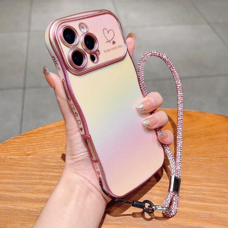 

For iPhone 16 Pro Case with Strap TPU Phone Back Cover Dazzling Design Curly Shape Love Heart A