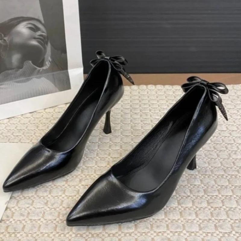 

Fashion Women s Autumn Simple Shallow Cuff Foot Bow Sexy Slim Heel Single Shoes New Pointed Toe Non-Slip High Heels 35