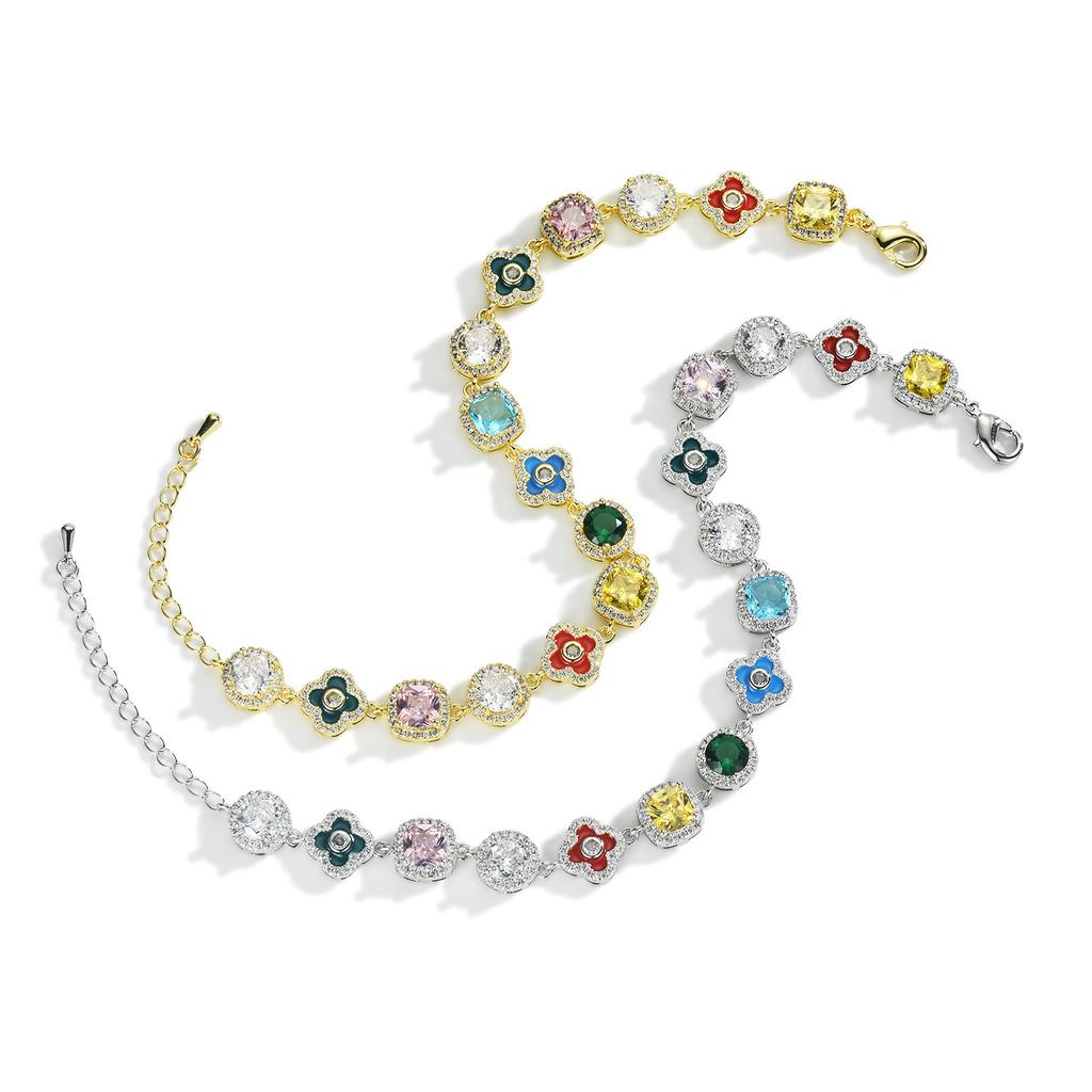 Hip Hop Dopamine Color Zircon Clover Bracelet Exquisite Trendy Men'S And Women'S Adjustable Jewelry