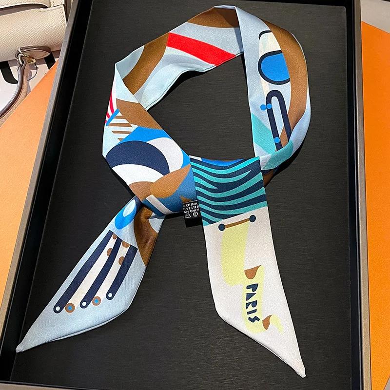 Luxury Brand Silk Skinny Scarf Bag Handle Ribbon Ladies Horse Print Headband Small Hair Scarves Band Female