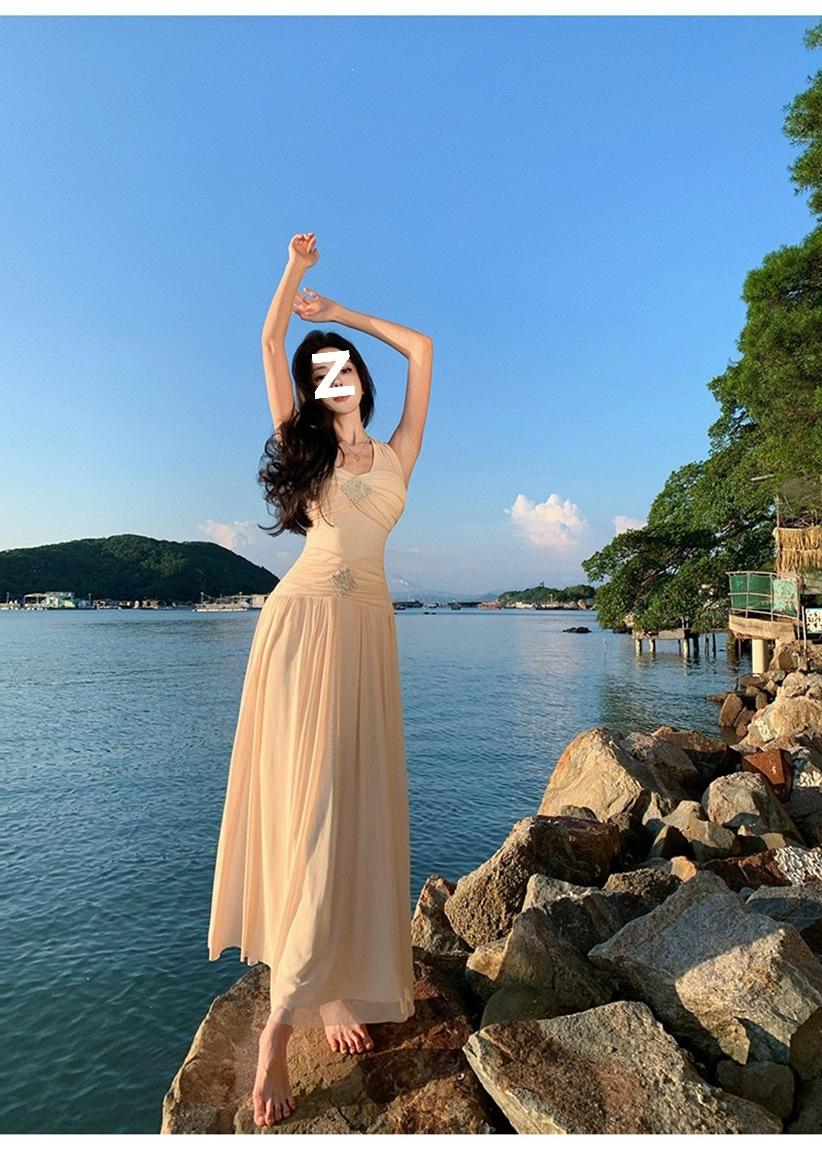 French neck V-neck dress seaside photo waist thin beach dress V-neck summer dopamine vacation dress women S