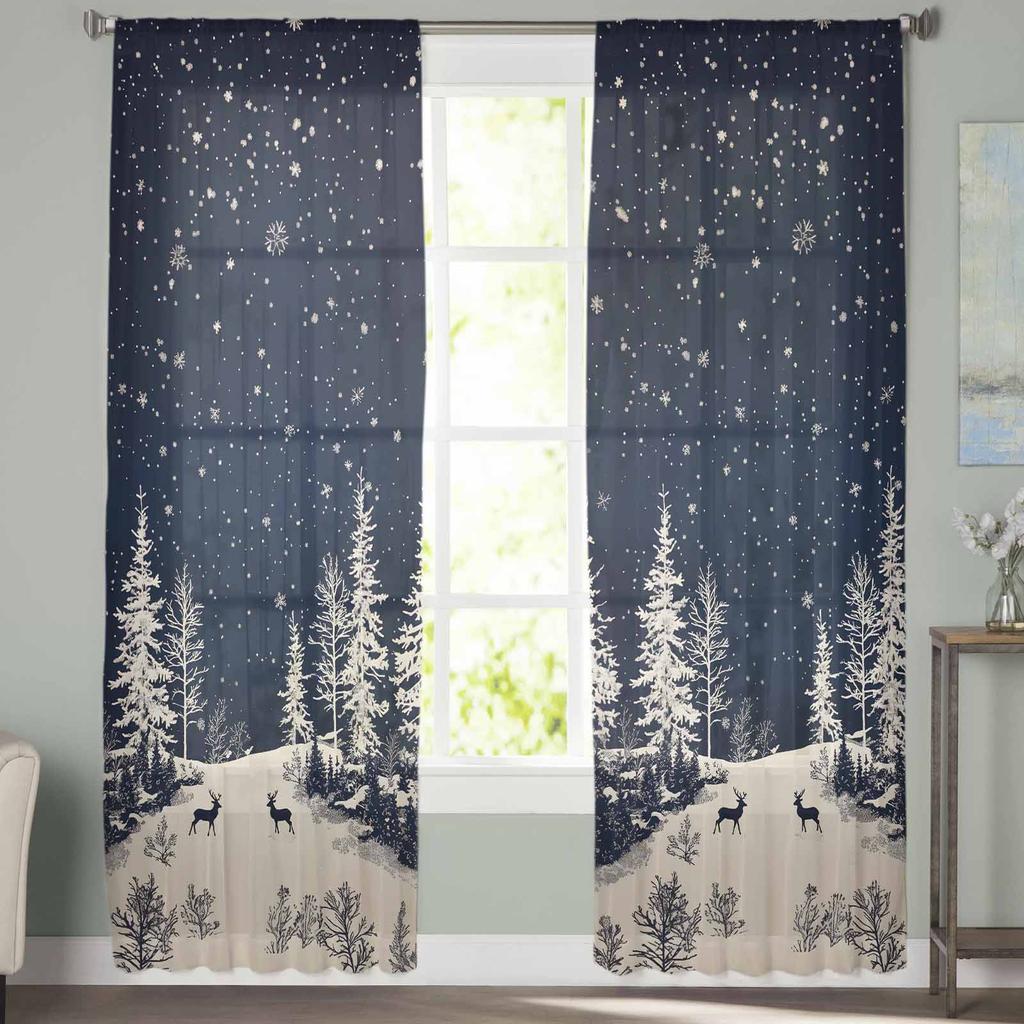 Weihnachts- und Winter Rentier Schnee Landschaft Vorhänge für Wohnzimmer Schlafzimmer Heimdekoration Fenster Voile Tüll Vorhang Drapierungen