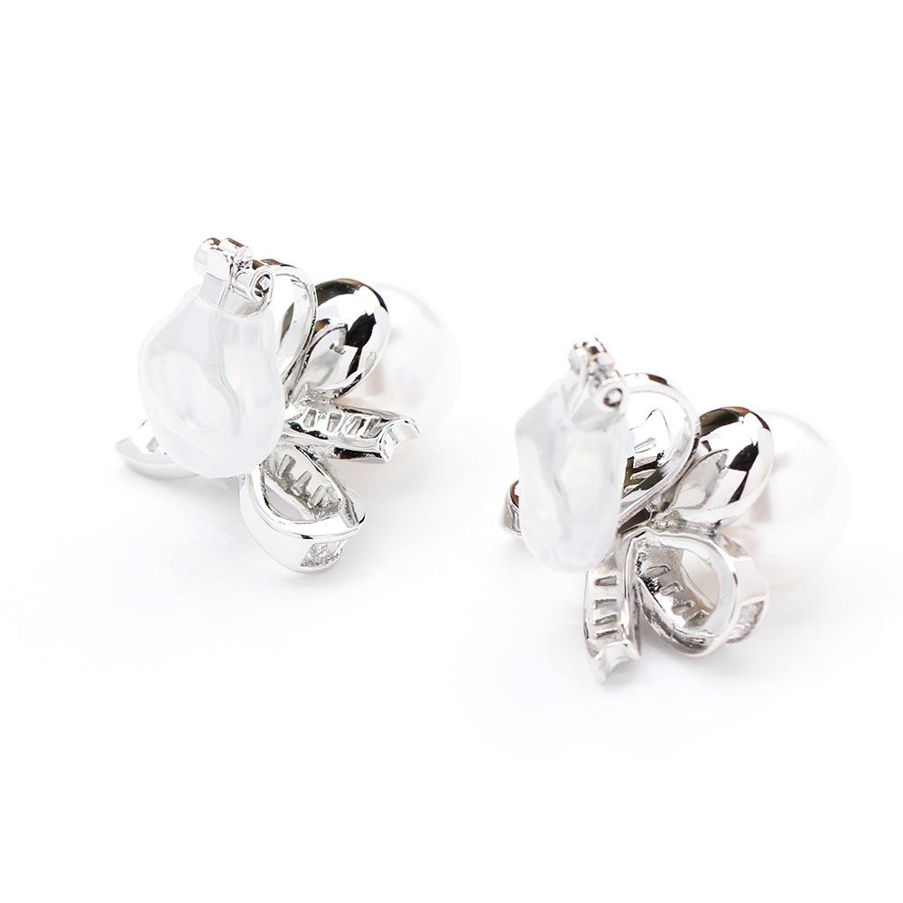 Japan and Korea Sweet and Exquisite Diamond-encrusted Bow Earrings Temperament Versatile Pearl Earclips No Pierced Earrings Women's Banquet