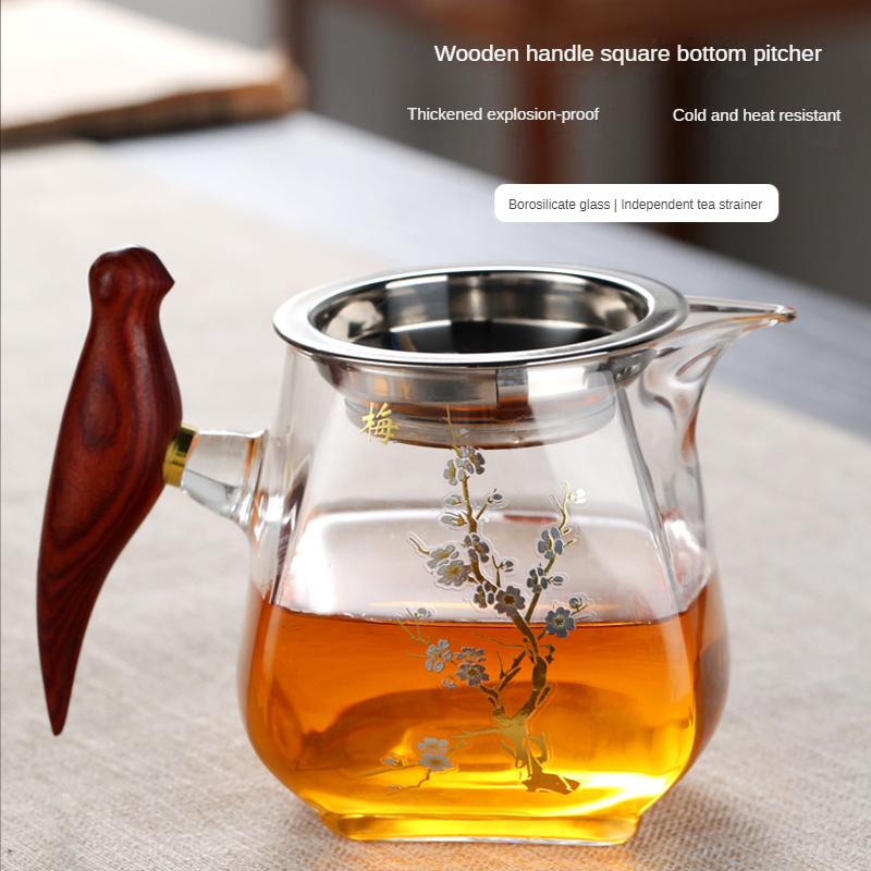 Tepelně odolná skleněná konvice Gongdao s tlustou dřevěnou rukojetí, nálevník, konvice na čaj v šálku, sítko na čaj, integrovaná sada, bar na konvici