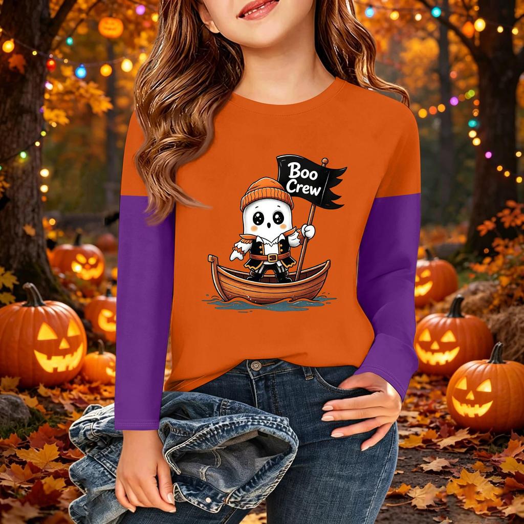 Children's Halloween Printed Long Sleeve Round Neck Casual Base Layer Shirt for Boys and Girls