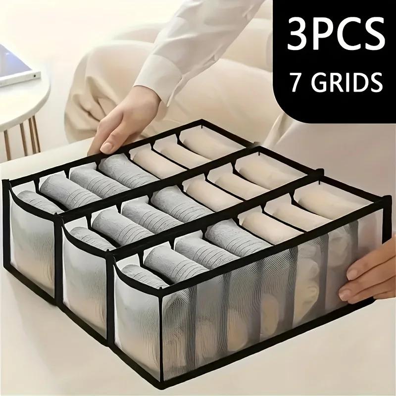 3pcs Foldable Storage Box with 7 Compartments, Suitable for socks, Underwear, and Jeans - Drawer Organizer for Wardrobe