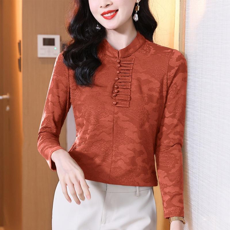 

Новая базовая рубашка с длинными рукавами в китайском стиле для женщин на осень и зиму, новый воротник-стойка на пуговицах, плюс утолщенный бархатный термотоп 6XL