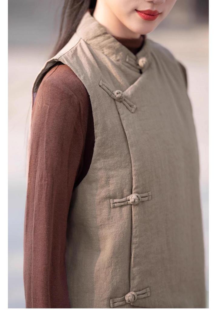 Women's 2025 Winter Ethnic Style Retro Cotton Vest with Stand Collar and Handmade Frog Buttons