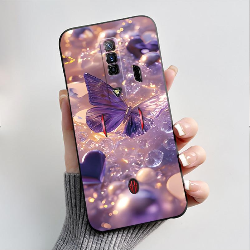 Pattern Case For ZTE Nubia RedMagic 7 5G Funda For Nubia RedMagic 7S 5G Soft Silicone Black Shell Cute Flower Cartoon Capa Cover