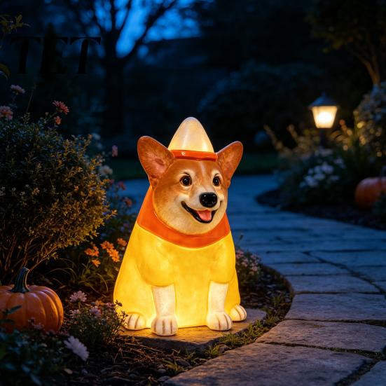 Halloween Window Display Lighted Dog Statue Ornament for Outdoor Yard Decor, Waterproof Puppy Sculpture Festive Lawn Decorations with Warm Light Porch