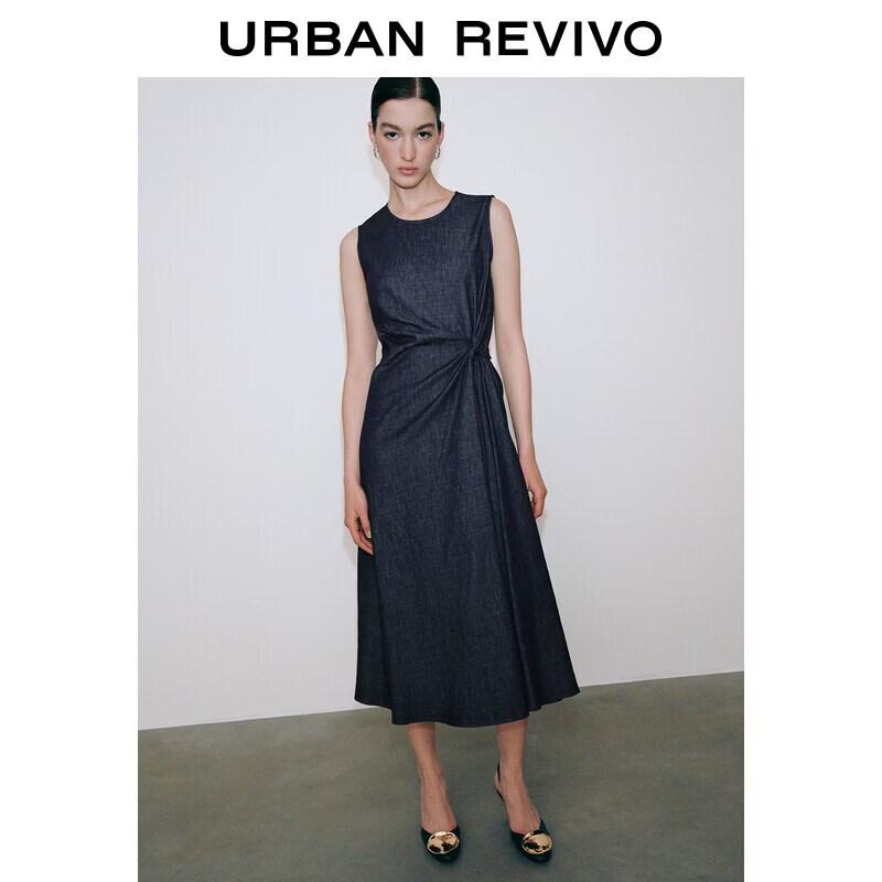 UR Women s Spring Knotted Cinched Waist Denim A-Line Dress M