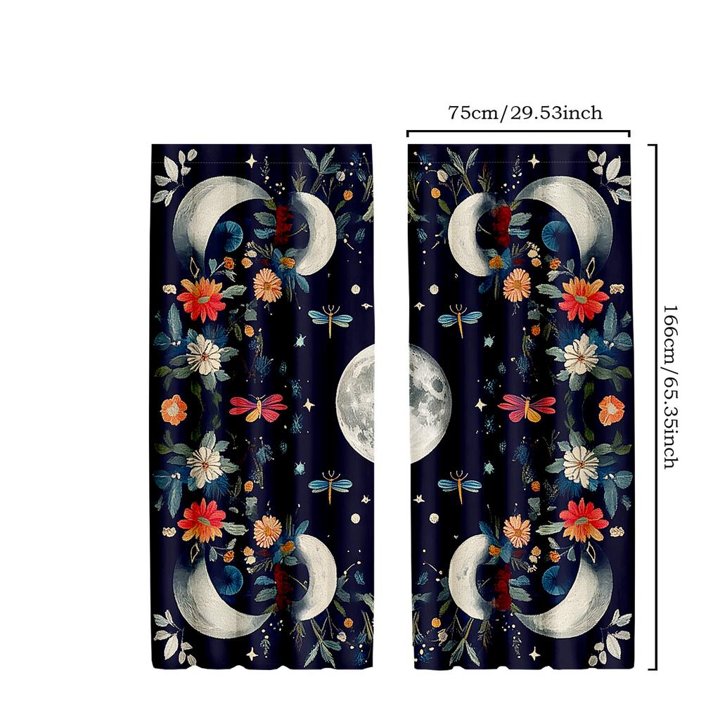 2pcs Boho Moonlit Embroidery Curtains - Vibrant Floral & Celestial Design with Butterflies, Dragonflies, and Stars, Polyester Ro