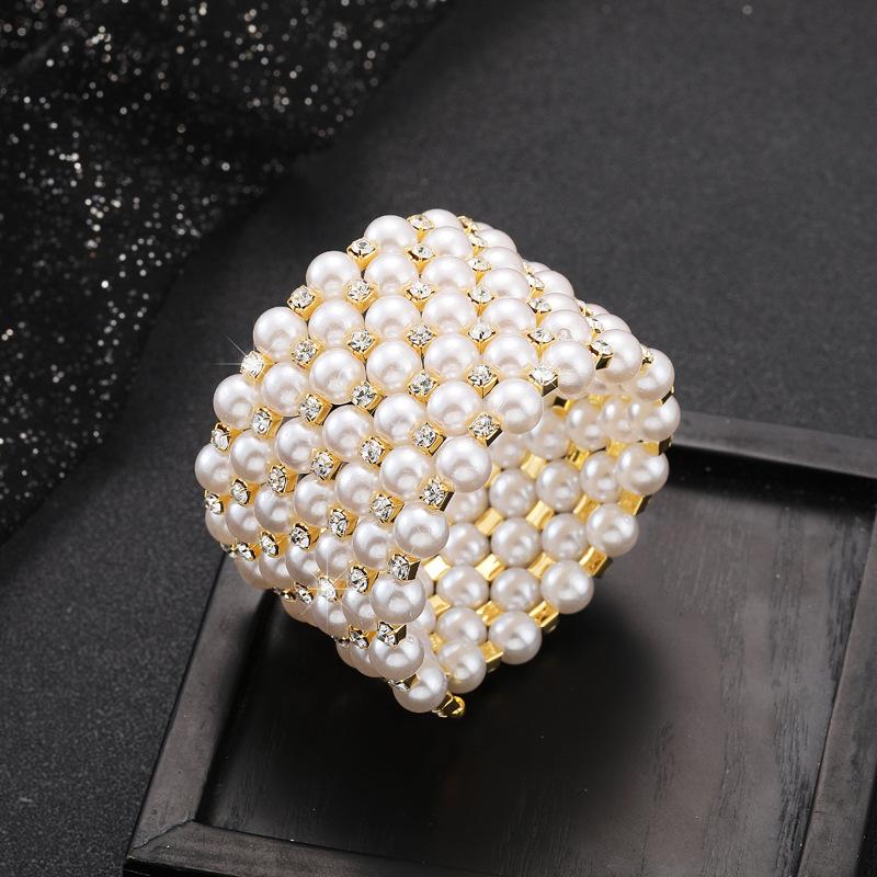 Multi-layer 8mm Pearl Rhinestone Bracelet, Bridal Full Diamond Elastic Bracelet Open Wound Diamond Bracelet