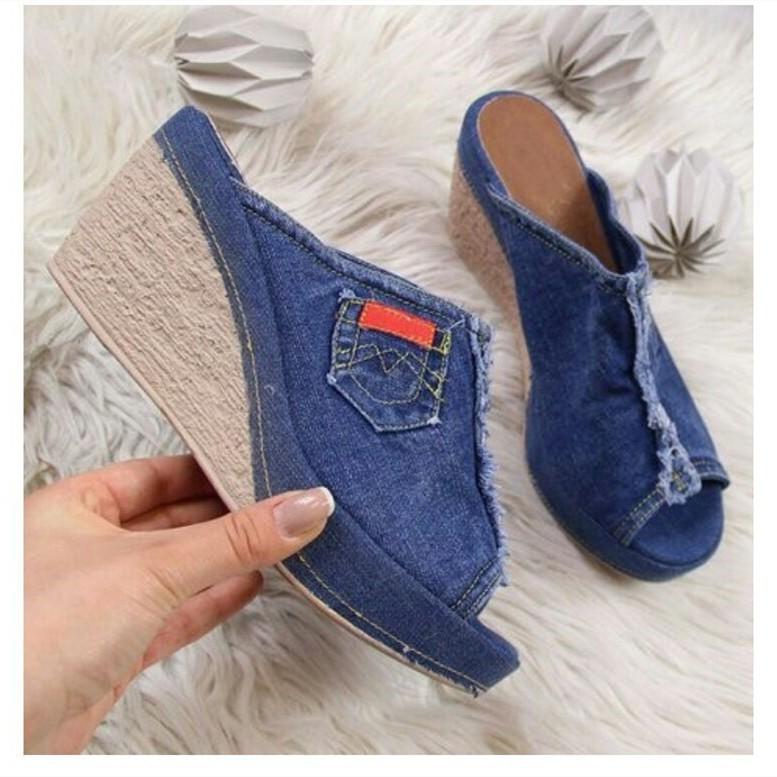 Summer Women's Shoes Denim Cool Slippers Women's Middle Heel Wedge Heel