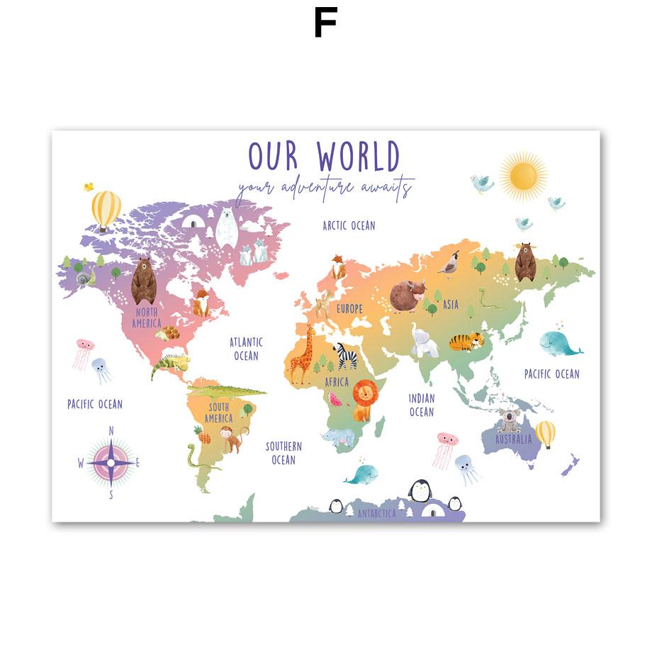 Animal World Map Alphabet Count Number Wall Art Canvas Painting Nordic Posters And Prints Kids Wall Pictures For Baby Room Decor