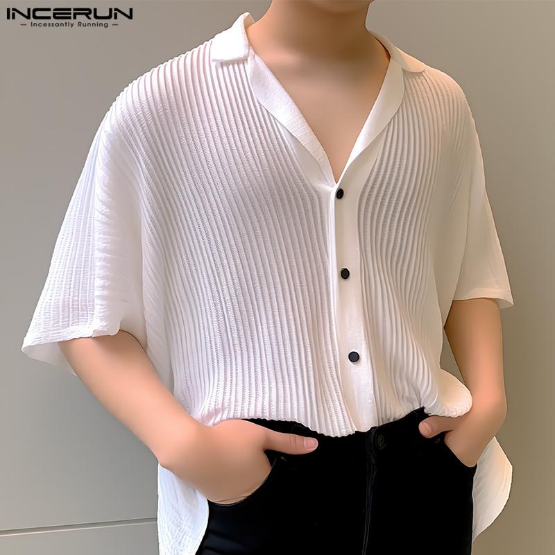 INCERUN Summer Men V Neck Button Down See Through Shirts