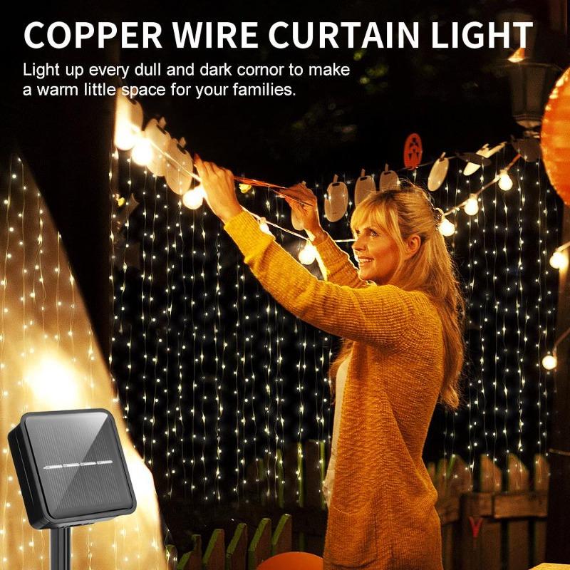 300 LED Solar Courtyard Curtain Lights Outdoor Waterproof Fairy String Lights With 8 Modes for Garden Window Bedroom Wedding