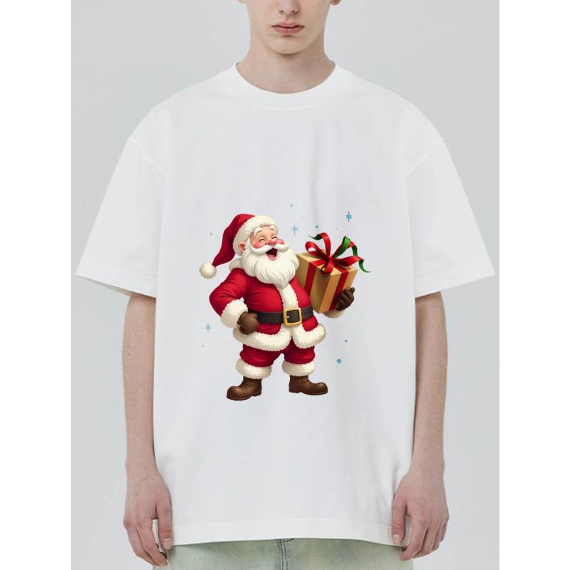 Christmas T-Shirt Black Santa Claus Holding Gift Box Holiday Party Wear