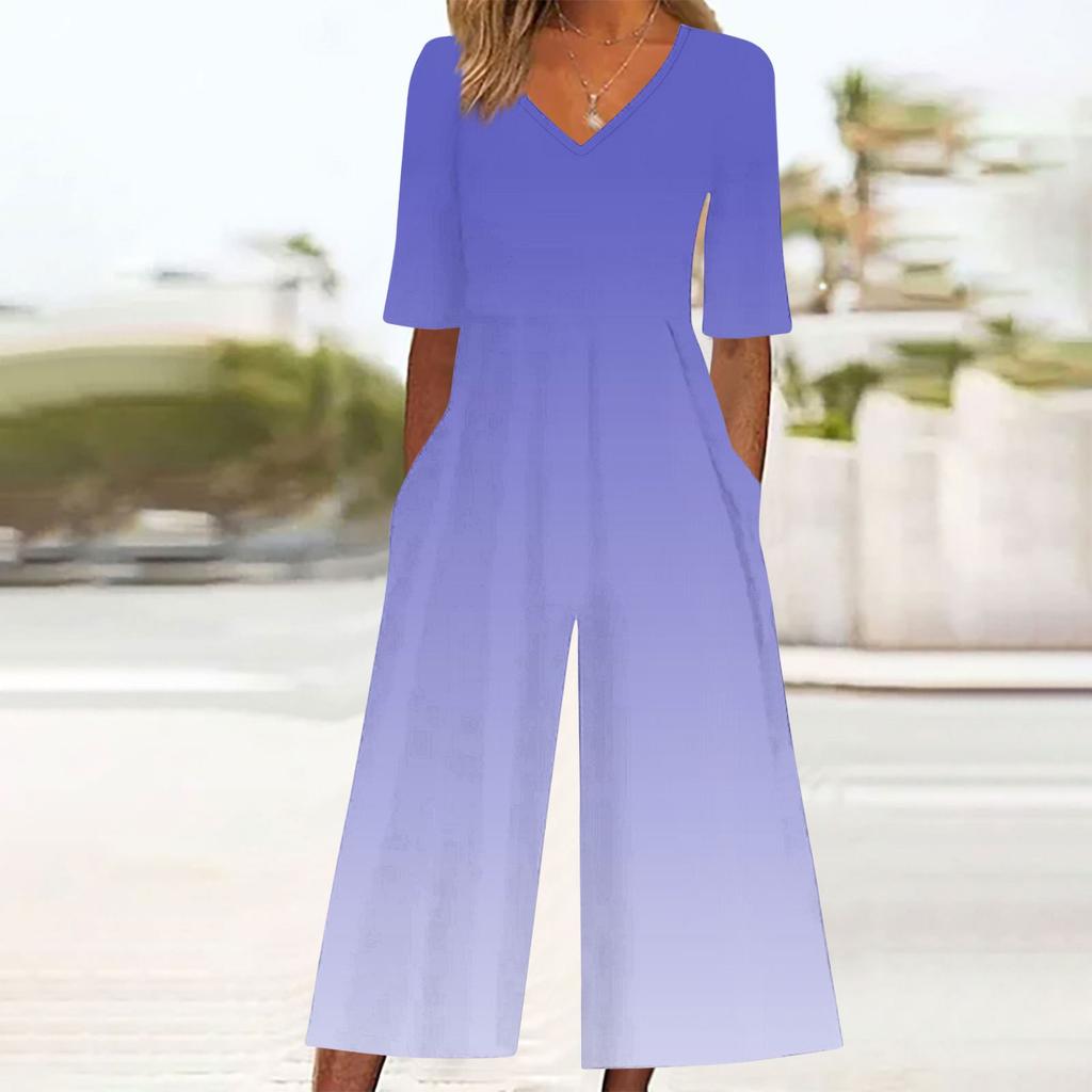 Women's Loose Casual V-Neck Gradient Printed Jumpsuit Slim Fit Wide Leg Jumpsuit