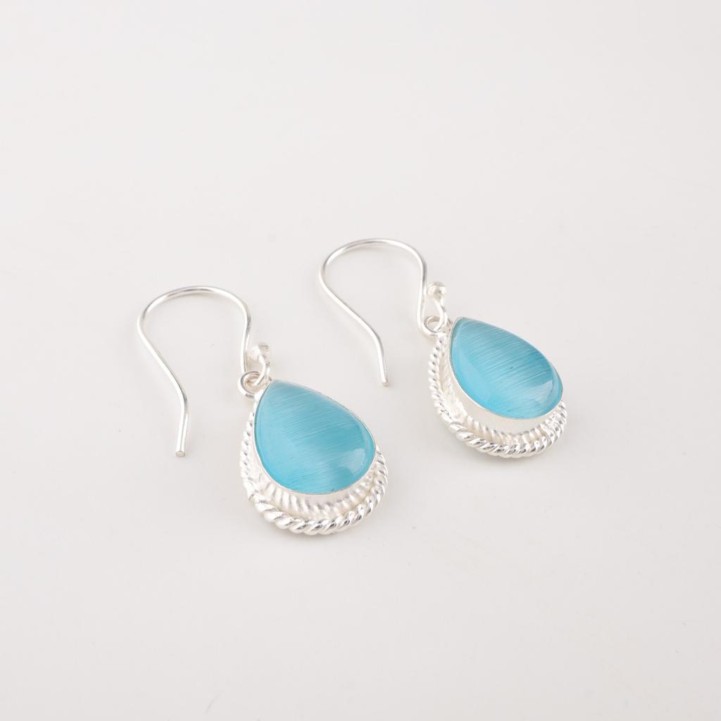 Genuine Blue Cat's Eye Gemstone 925 Solid Silver Jewelry Handmade Earrings 1.40" EE-9-42