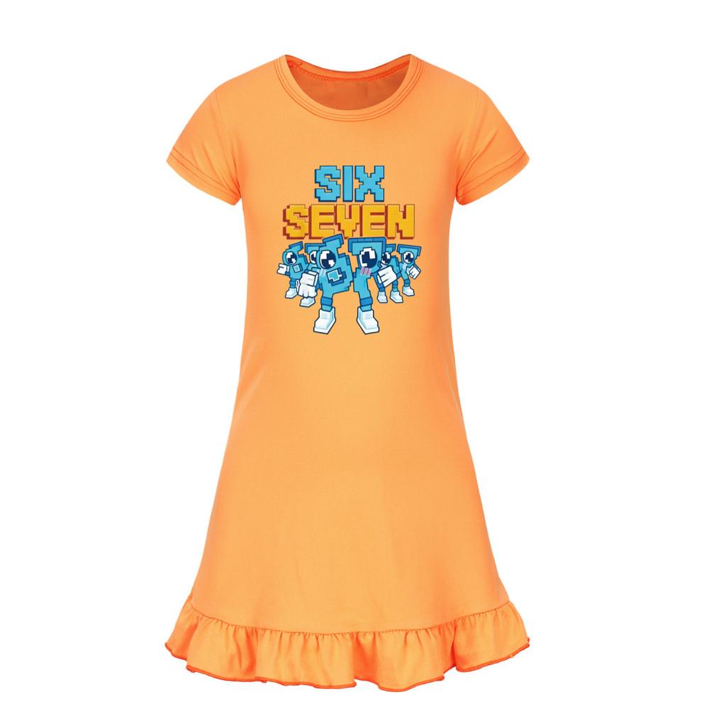 5195 Kids Girls Steal a Brainrot 67 Six Seven Printed Ruffle Short Sleeves Casual Dress